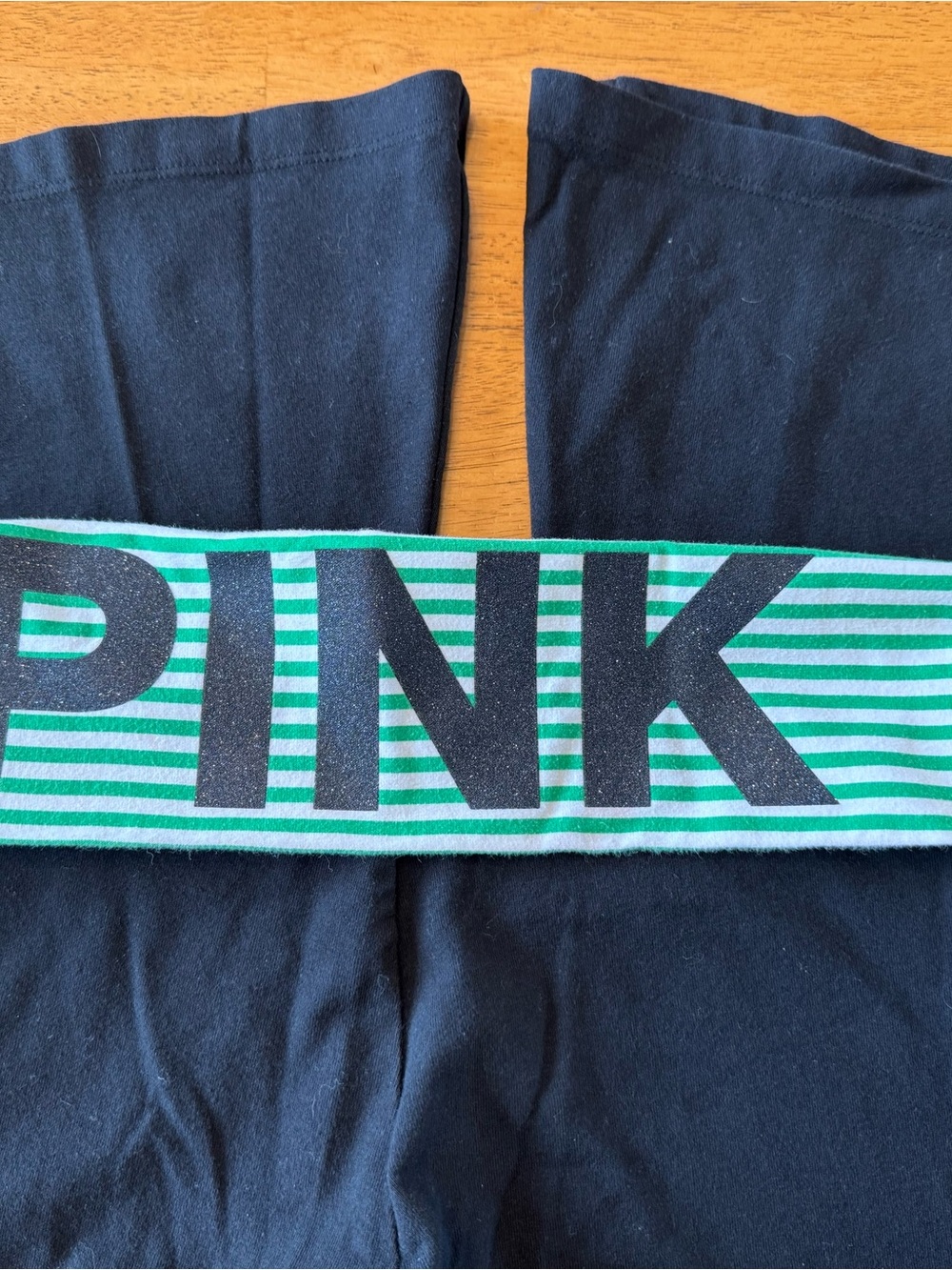 PINK Victoria’s Secret Sz Small Y2K Flare Yoga Pants Green Foldover Sparkle Logo